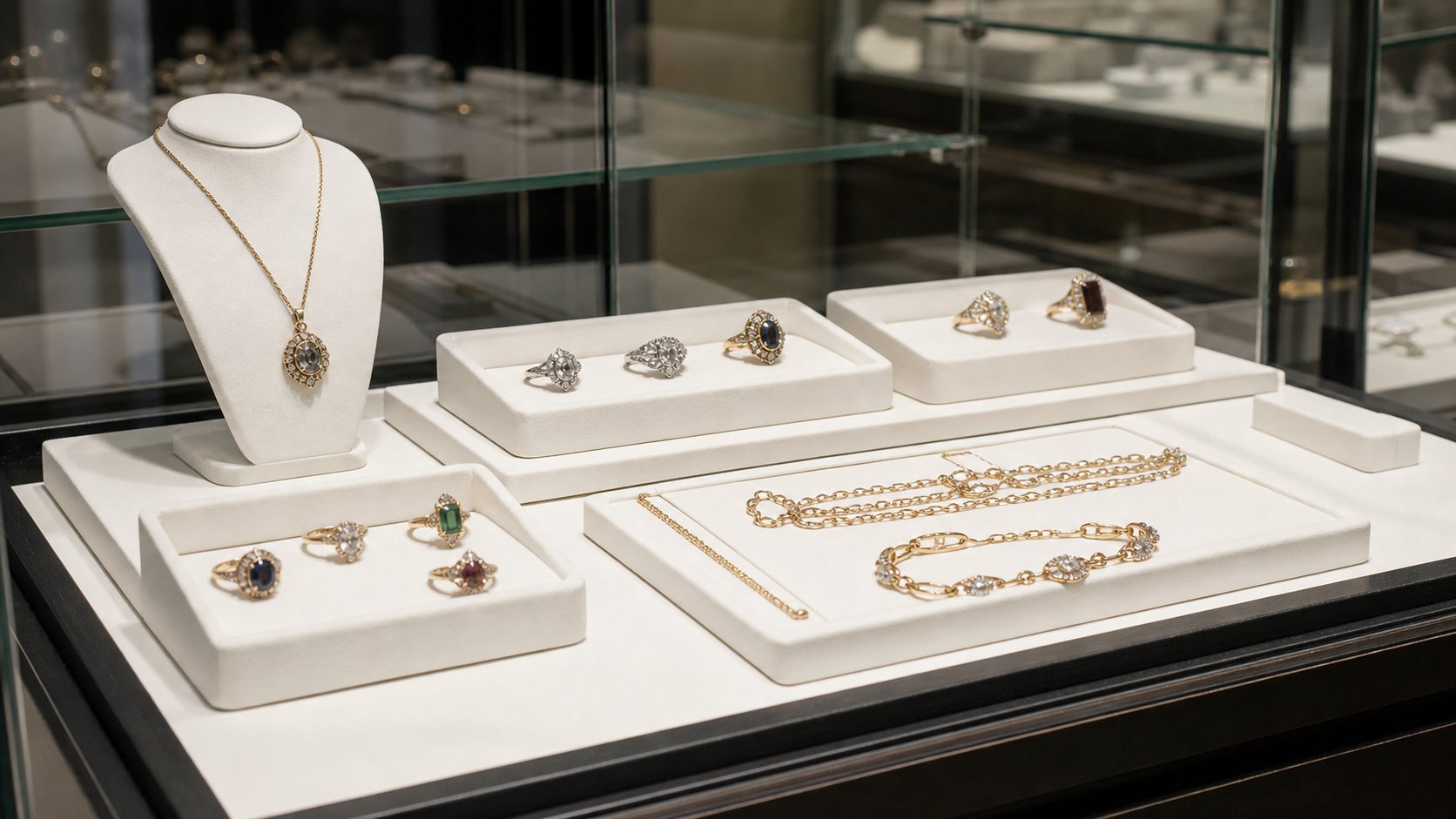 Jewelry displayed in the cases at Jewels of Madison