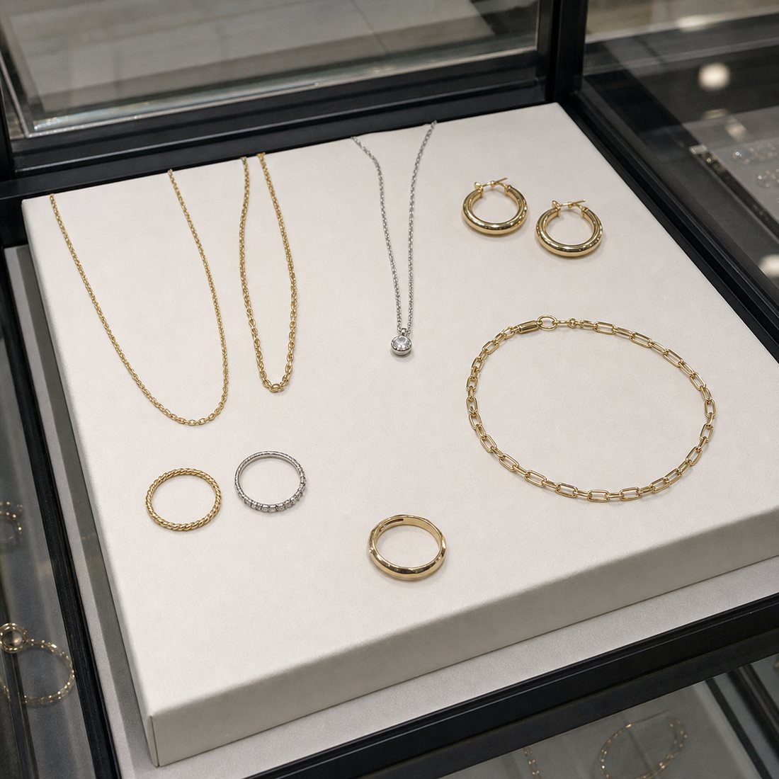 Modern jewelry displayed in a shop case